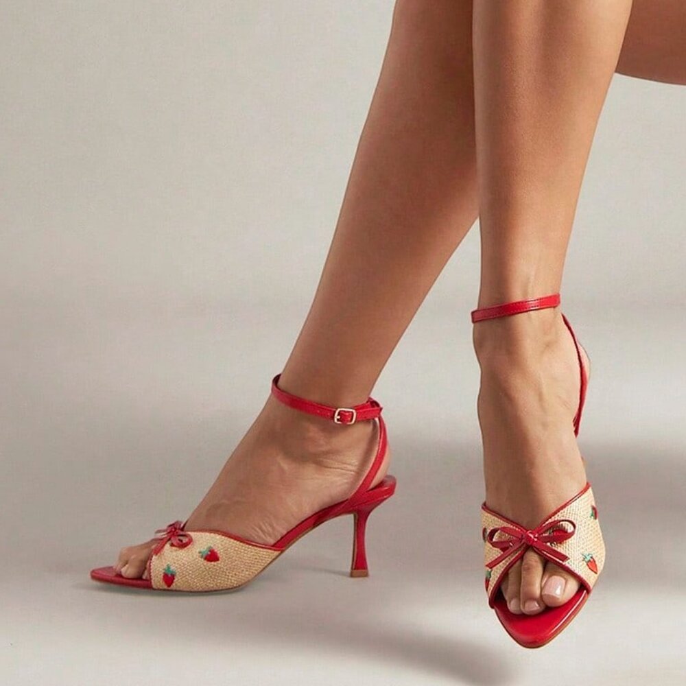Multicolor Casual Women's Almond Toe Strawberry Print Ankle Strap Heeled Sandals